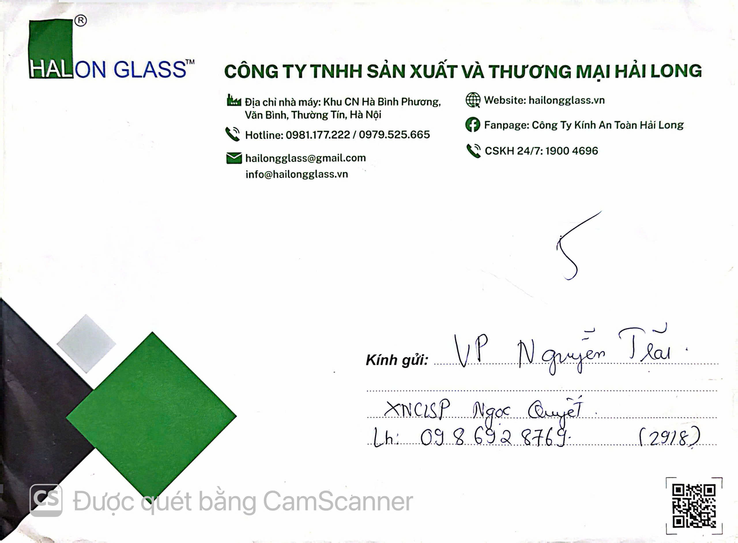 Chứng từ Hải Long Glass gửi Công ty Ngọc Quyết, có thông tin người nhận và chữ ký
